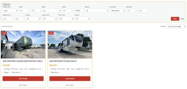 LotFlux plugin demo showing filterable RV inventory grid with four fifth wheel listings including 2026 Keystone Cougar and Brinkley Model Z units, with price, year, length, and slide-out details plus View Details and Compare buttons
